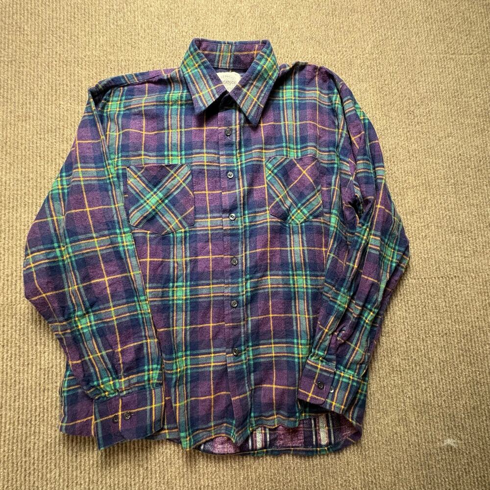 Vintage Saugatuck Flannel Button Shirt Men L Long Sleeve Purple Plaid 80s 90s